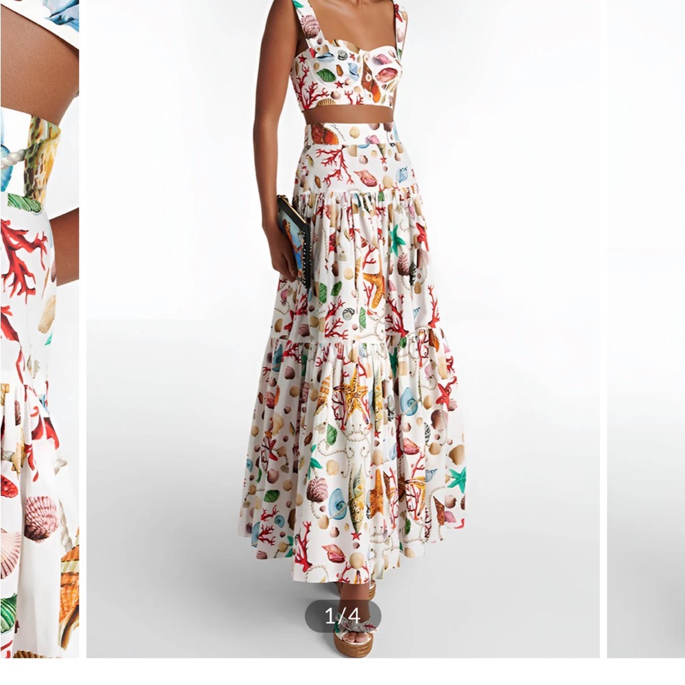 Commense White Maxi Skirt with Multicolor Seashell Print